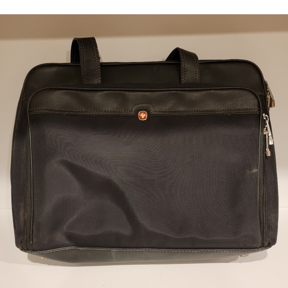 Swiss Tech Brand Laptop Tote Bag Black lined with bright pattern.